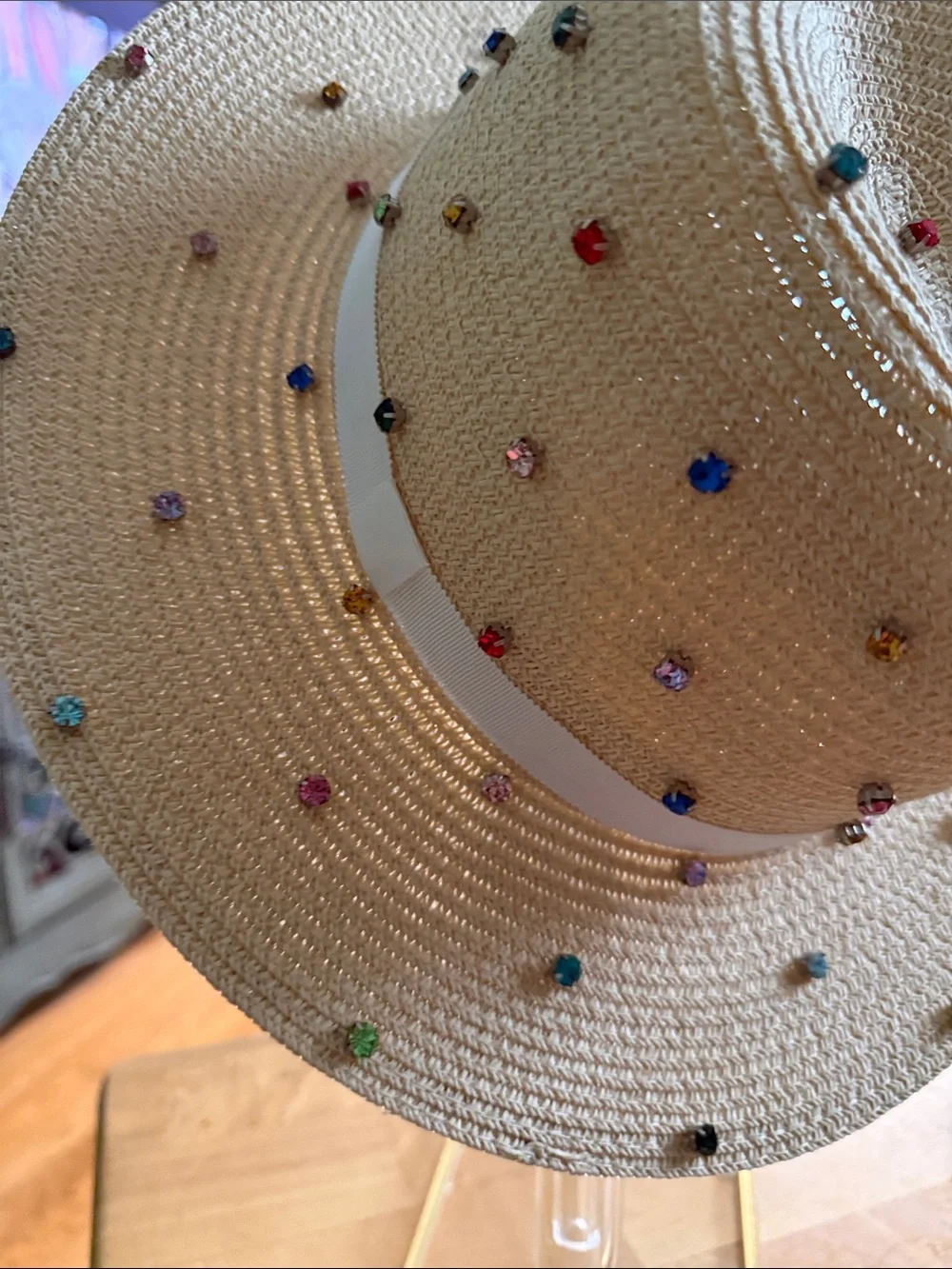 Beige Straw Sun Hat with Multicolor Bead Accents from Bitsandpiecestogo